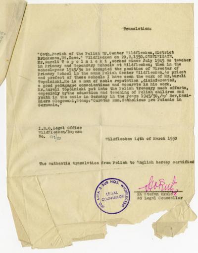 Dokument Nr. 18 - Arbeitsbescheinigung über Topolnickis Tätigkeit als Lehrer und später Leiter der Grund- und Weiterführenden Schule im DP-Lager Wildflecken zwischen 1945-1950. 