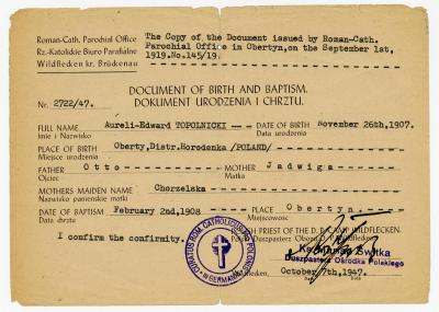 Dokument Nr. 17 - Dokument über die Geburt (26.11.1907) und Taufe (2.2.1908) von Aureli Topolnicki in Obertyn, Bezirk Horodenka, Polen. 