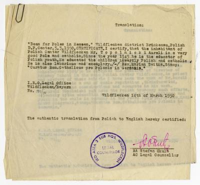 Dokument Nr. 19 - Arbeitsbescheinigung über Topolnickis Tätigkeit als Lehrer im DP-Lager Wildflecken zwischen 1945-1950. 