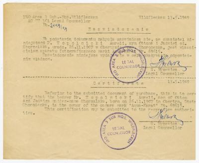 Bescheinigung über den Besitz eines Fotoapparates, 13.5.1949