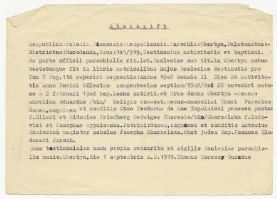 Dokument Nr. 21 - Auszug aus dem Taufbuch von Obertyn (Latein) von Aureli Topolnicki, darin u.a.: geb. am 26.11.1907 in Obertyn, röm.-kath. getauft am 2.2.1908 (Aurelius Eduardus). 