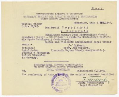 Dokument Nr. 23 - Kopie der Bescheinigung über die Ernennung Topolnickis zum Schulleiter für den Kreis Durzyn-Wildflecken durch das Zentralkomitee für Schul- und Bildungsangelegenheiten am 5.3.1947.  