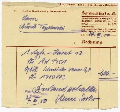 Dokument Nr. 37 - Rechnung von Photo Uhlenluth aus Schweinfurt für eine Agfa-Karat 12 Kleinbildkamera für 200 DM, ausgestellt für Aureli Topolnicki.  