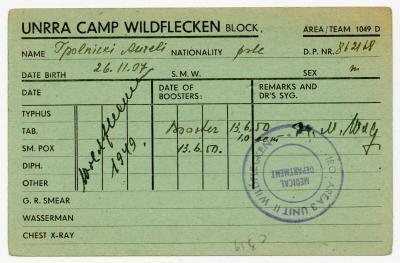 Dokument Nr. 40 - DP-Karte von A. Topolnicki aus Wildflecken mit persönlichen Angaben (Name, Nationalität, DP-Nummer, Geburtsdatum, Geschlecht).  