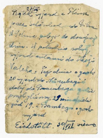 Dokument Nr. 44 - Handschriftlicher Zettel mit Reiseroute ab 27. Juli [1945]. 