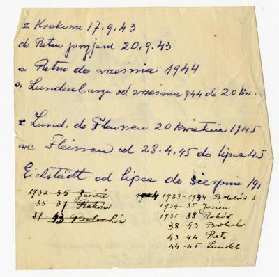 Dokument Nr. 45/1 - Handschriftlicher Zettel mit Topolnickis Aufenthaltsorten- und daten seit 1933 bis 1947. 