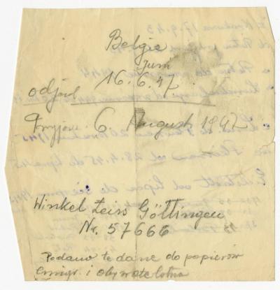Dokument Nr. 45/2 - Handschriftlicher Zettel mit Topolnickis Aufenthaltsorten- und daten seit 1933 bis 1947  
