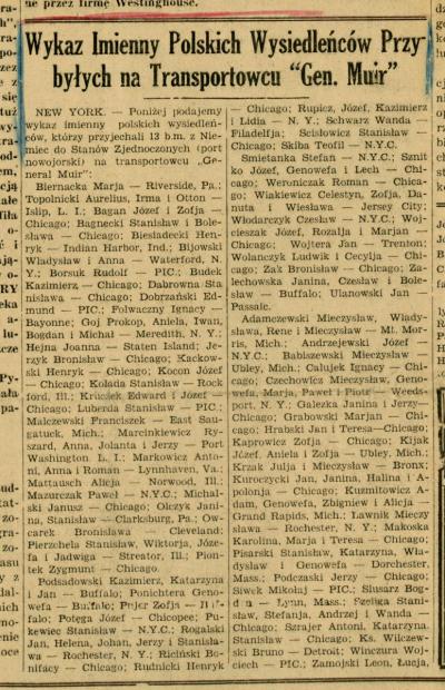 Dokument Nr. 56 - Namentliche Aufstellung polnischer Emigranten, die mit dem Transportschiff „Gen. Muir“ angekommen sind, darunter Topolnicki Aurelius, Irma und Otto. 