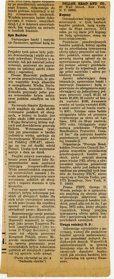 Dokument Nr. 57/2 - Zeitungsausschnitt aus den 1970er Jahren mit Informationen über die Auszahlung von Kriegsanleihen. 