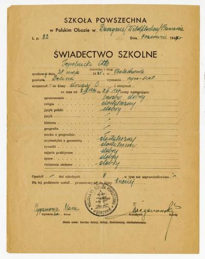 Dokument Nr. 62 - Volksschulzeugnis aus der wiederholten 2. Klasse von Otto Topolnicki.  
