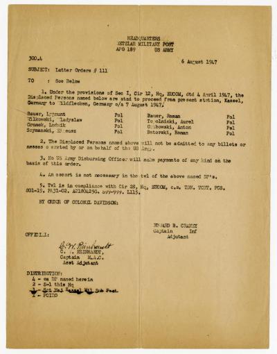 Dienstlicher Befehl über den Transport polnischen DP´s nach Wildflecken am 7.8.1947 