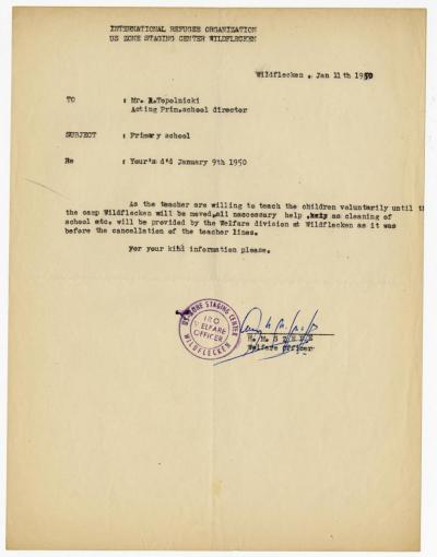 Schreiben des IRO Welfare Officers, 11.1.1950