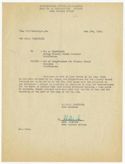 Dokument Nr. 64 - Informationsschreiben an Schulleiter A. Topolnicki über Einschnitte beim Schulbudget ab Januar 1950 von Seiten des IRO Welfare Office.  