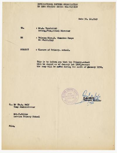 Schreiben des IRO Welfare Officers, 30.12.1949