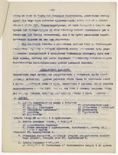 Dokument Nr. 69/4 - Bericht über die Entstehung und Entwicklung des kulturellen, schulischen und organisatorischen Lebens der polnischen DP`s in Wildflecken, 8 Seiten.  
