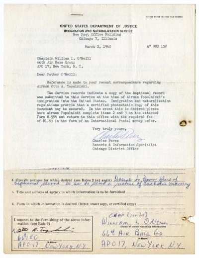 Anforderungsschreiben von Pfarrer O`Neill, 2.3.1960