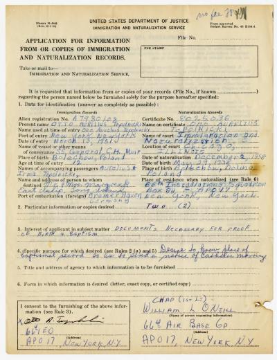 Dokument Nr. 72/2 - Zahlreiche Informationen zu Topolnicki, u.a. Ankunfts- und Einbürgerungsdatum in den USA. 
