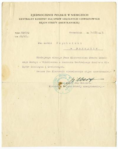 Ernennung A. Topolnickis zum Leiter des Schulkreises Durzyn-Wildflecken zum 5.3.1947