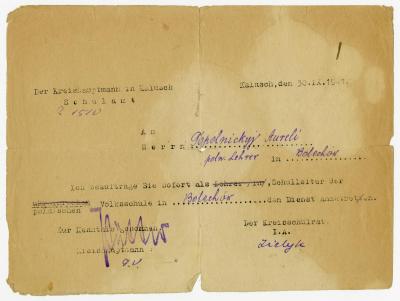 Dokument Nr. 74 - Aufforderung an Topolnicki, seinen Dienst als Schulleiter der polnischen Volksschule in Bolechów anzutreten, September 1941. 