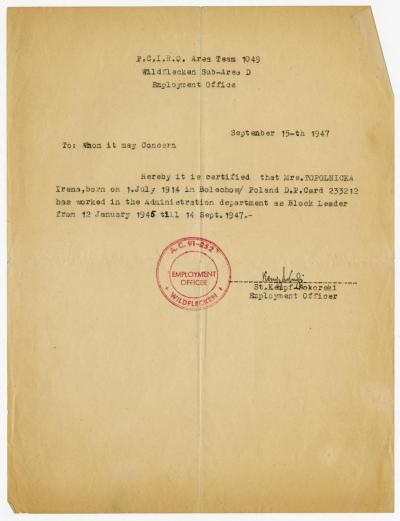 Dokument Nr. 80 - Bescheinigung über die Beschäftigung bei der Verwaltungsabteilung als Blockwärtin zwischen dem 1.1.1945 (1946) bis zum 14.9.1947, ausgestellt für Irma Topolnicka. 