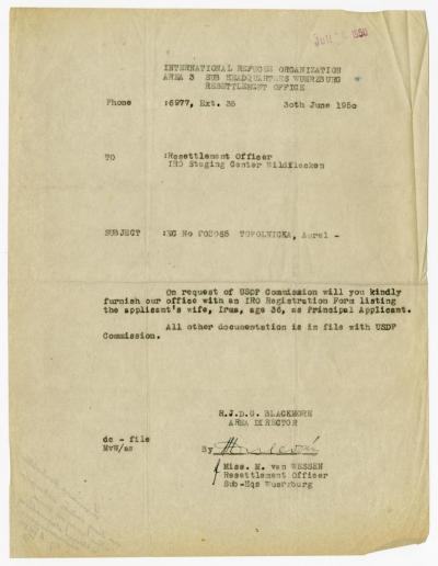 Antwort des Resettlement Office der IRO aus Würzburg, 30.6.1950