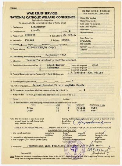 Emigrationsantrag in die USA von A. Topolnicki und seiner Familie 