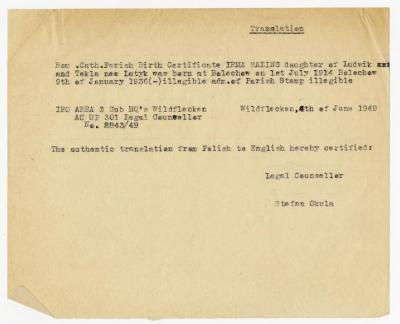 Dokument Nr. 89 - Beglaubigte Übersetzung der Geburtsurkunde von Irma Saling (Topolnicka) aus dem Polnischen ins Englische. 