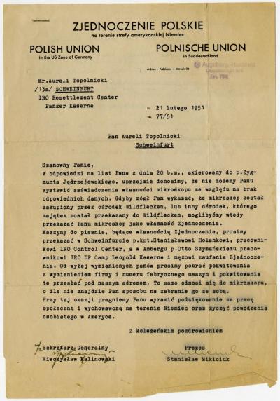 Dokument Nr. 92/1 - Antwortschreiben des Polnischen Verbandes betreffend ein Eigentumsnachweis (eines Mikroskops) an A. Topolnicki. 