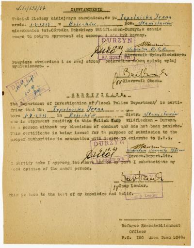 Dokument Nr. 81 - Bescheinigung über das einwandfreie Verhalten  für Irma Topolnicka, Bewohnerin des DP-Lagers Wildflecken vom 6.10.1947.  