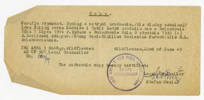 Dokument Nr. 76 - Abschrift der Geburtsurkunde von Irma Saling, Ehefrau von A. Topolnicki. 