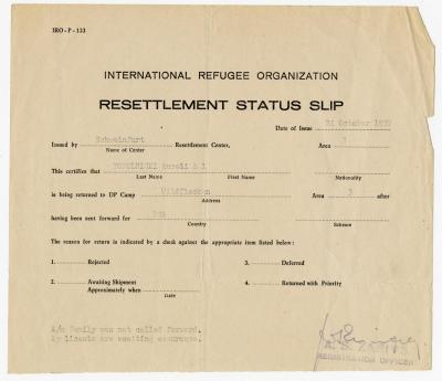 Dokument Nr. 95 - Statusformular über den Stand des Auswanderungsvorhabens von Aureli Topolnicki. 