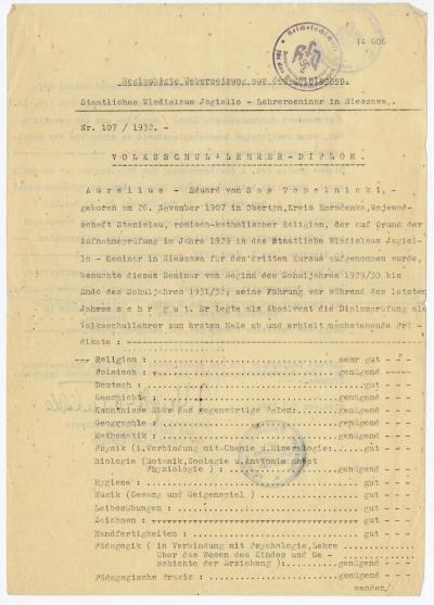 Dokument Nr. 97/1 - Beglaubigte Übersetzung des Volksschullehrerdiploms von A. Topolnicki 