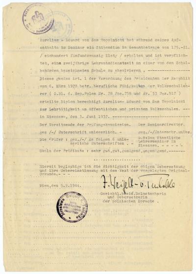 Dokument Nr. 97/2 - Beglaubigte Übersetzung des Volksschullehrerdiploms von A. Topolnicki. 
