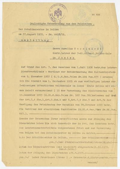 Übersetzung der Ernennung A. Topolnickis zum Lehrer, 5.9.1944