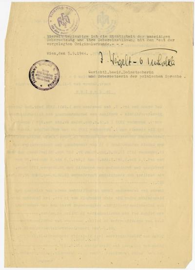 Dokument Nr. 98/2 - Beglaubigte Übersetzung der Ernennung A. Topolnickis zum Lehrer in Raków, Kreis Dolina. 