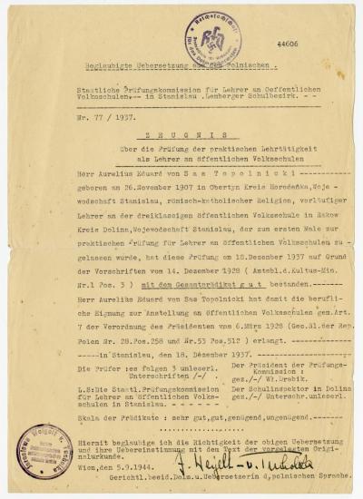 Dokument Nr. 99 - Beglaubigte Übersetzung des Zeugnisses über die Prüfung der praktischen Lehrtätigkeit als Lehrer an öffentlichen Volksschulen von A. Topolnicki. 