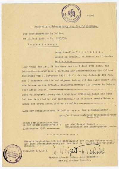 Beglaubigte Übersetzung über die Versetzung, 5.9.1944