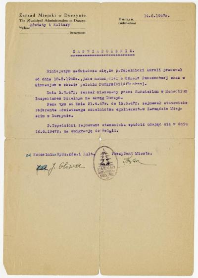 Dokument Nr. 101 - Bescheinigung über die Lehrertätigkeit an der Volksschule und am Gymnasium im polnischen DP-Lager Durzyn-Wildflecken, ausgestellt für A. Topolnicki. 