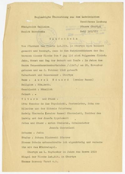 Dokument Nr. 103/1 - Beglaubigte Übersetzung des Taufscheines von A. Topolnicki aus dem Lateinischen ins Deutsche. 