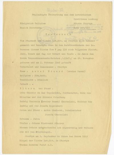 Dokument Nr. 104/1 - Abschrift der beglaubigten Übersetzung des Taufscheines von A. Topolnicki aus dem Lateinischen ins Deutsch. 