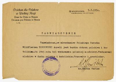 Dokument Nr. 105 - Sittlichkeitsbescheinigung für A. Topolnicki, „einen sehr guten Polen und Katholiken”, der die polnische Jugend „im polnischen und katholischen Geiste erzog“. 