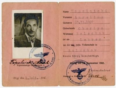 Dokument Nr. 109/2 - Lichtbildausweis von Aureli Topolnicki, ausgestellt vom Schulamt in Stryj im Generalgouvernemen. 