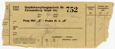 Dokument Nr. 114/1 - Gepäckempfangsschein über 4 Gepäckstücke, Strecke: von Prag Hbf „E“ nach Fleissen.  