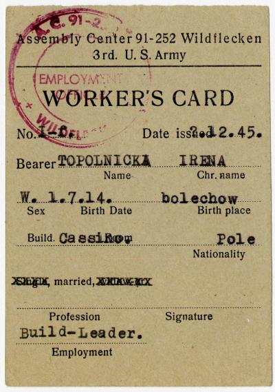 Dokument Nr. 123 - Arbeitskarte von Irma Topolnicka mit zusätzlichen persönlichen Daten und Angaben zur Tätigkeit: Blockwärtin im Kasino. 