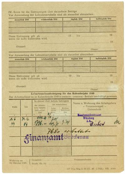 Dokument Nr. 129/2 - Lohnsteuerkarte 1949 von Irma Topolnicka mit Vermerk über Rückerstattung zu viel gezahlter Lohnsteuer durch das Finanzamt Brückenau.  