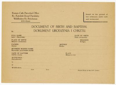 Dokument Nr. 144 - Formblatt: Geburts- und Taufbescheinigung  