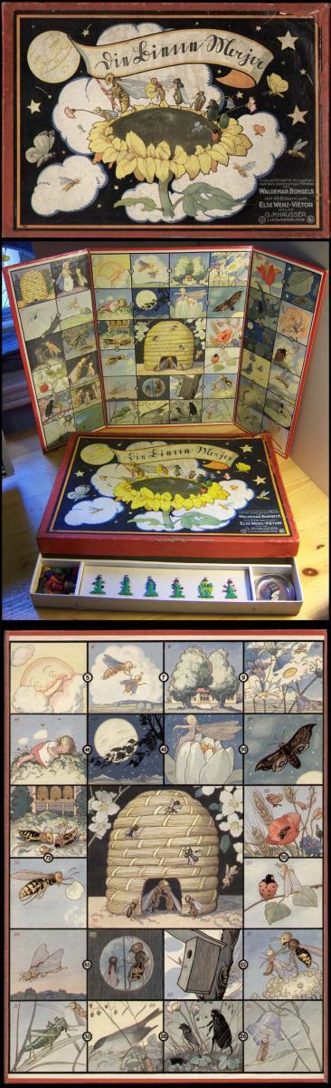 Board game “Die Biene Maja”, 1920s. The sole authorised edition based on the fairytale by Waldemar Bonsels, with 45 illustrations by Else Wenz-Viëtor, Verlag Otto und Max Hausser,  Ludwigsburg, around 1921-1930.