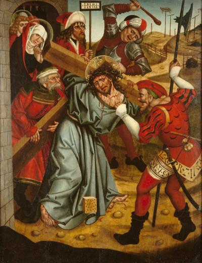 Szymon Cyrenejczyk pomaga nieść krzyż Jezusowi (Niesienie krzyża), ok. 1490 r.
