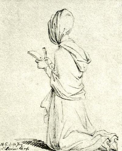 Daniel Chodowiecki: Woman kneeling with a prayer book and fan in the Dominican church, 1773 (collotype from: From Berlin to Danzig. An artist’s journey …, Berlin 1895. Original drawing in the Akademie der Künste, Berlin, Inv. no. Chodowiecki 48)
