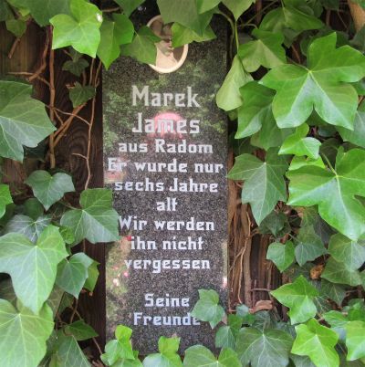 Gedenktafel für Marek James aus Radom, Rosengarten bei der Gedenkstätte Bullenhuser Damm, Hamburg, Foto: Juni 2022